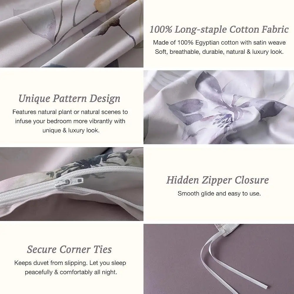 100% Long Staple Cotton Duvet Cover Set Floral Leaf Pattern Ultra Soft Breathable Comforter Cover Hidden Zipper Closure Corner