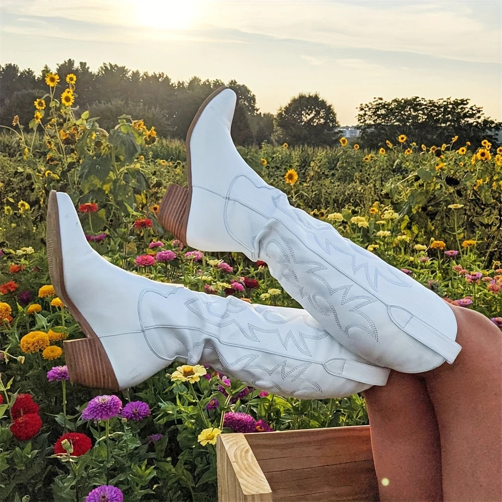 Vintage Western Cowgirl Embroidered Knee-High Boots For Women Fashion Comfort Point Toe Chunky Heels Cowboy Long Booties Woman