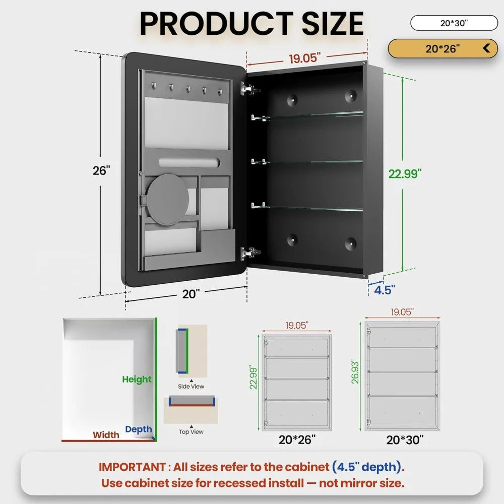 Black Medicine Cabinets for Bathroom with Mirror:20x26 Inch Small Mirrored Vanity Storage with Adjustable Shelves-Surface or Rec