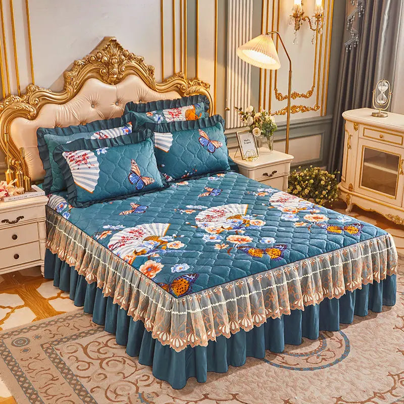 Luxury European Velvet Quilted Bed Skirt Set