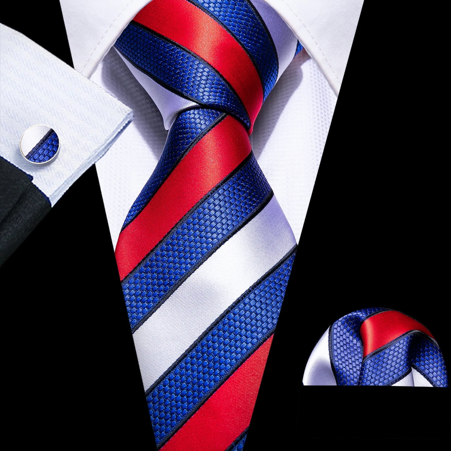 Men’s Luxury Red Striped Necktie Set. Silk Tie, Pocket Square & Cufflinks for Business, Wedding & Formal Wear