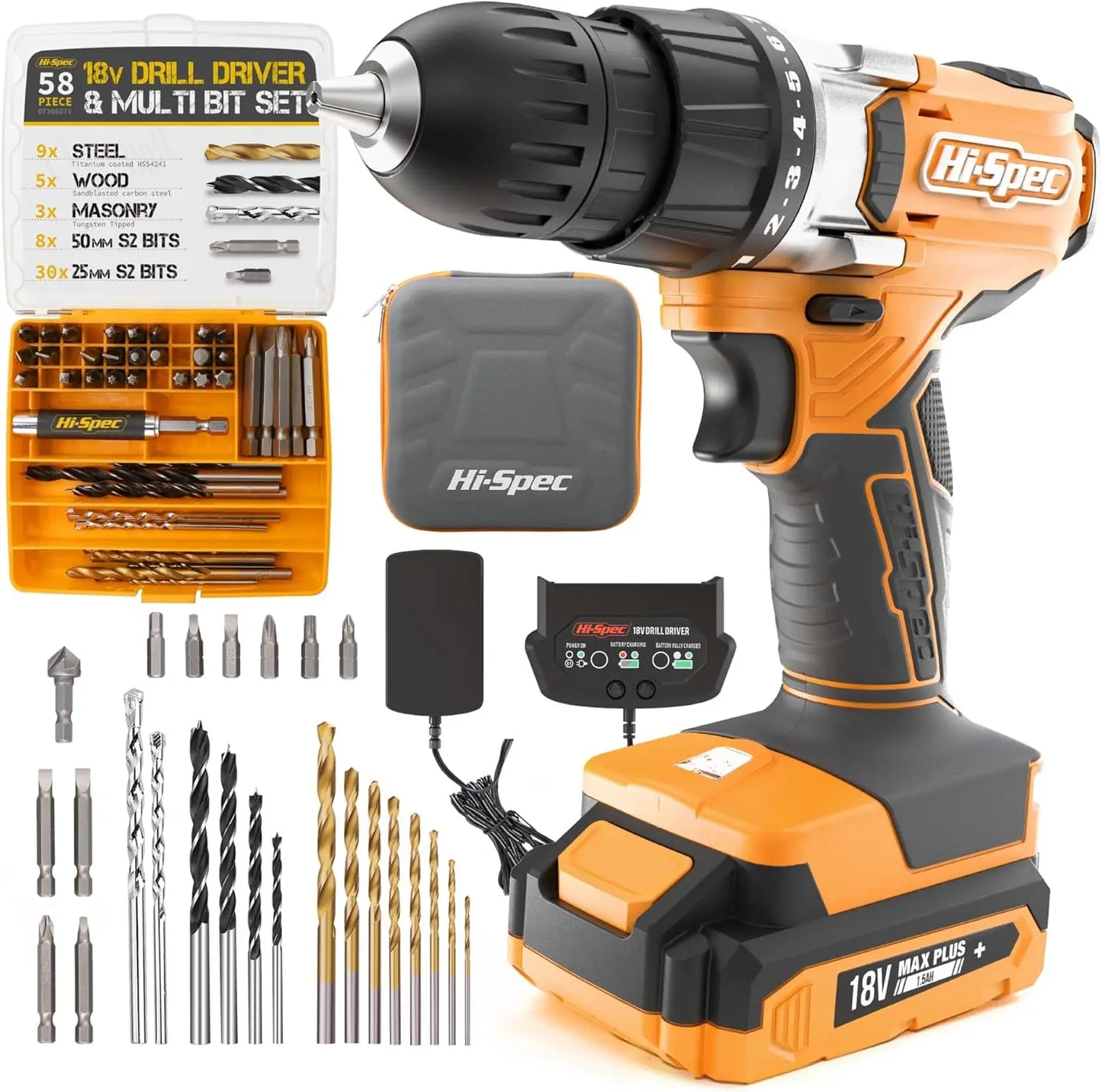 Hi-Spec 58pc 18V Cordless Power Drill Driver, Bit Set & Case.