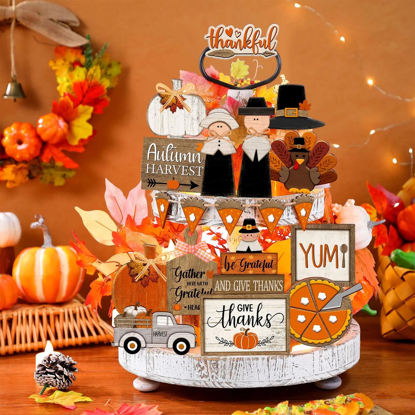 21 Pcs Thanksgiving Tiered Tray Decoration Set Fall Thanksgiving Table Sign Turkey Pumpkins Farmhouse Decor Gnome Maple Leaves Centerpieces Harvest Wood Blocks Tabletop Signs for Autumn