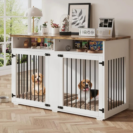55'' Dog Crate Furniture for 2 Dogs, Wooden Dog Cage with Storage Compartment, Indoor Dog Kennel with 2 Doors for Large/Medium/S