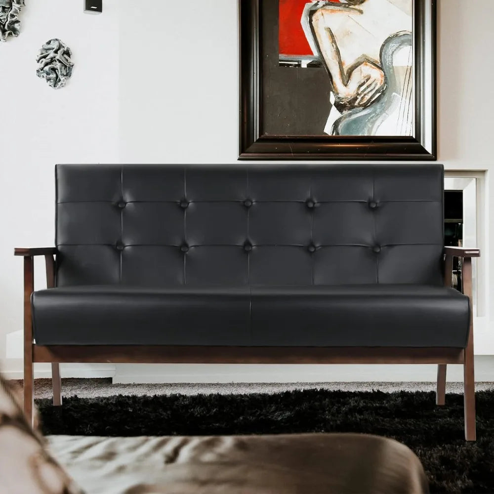 Leather Sofa Couch Set 2 Accent Chairs & 1Loveseat Black Faux Leather Loveseats Mid Century Modern Office Couch for Small Space