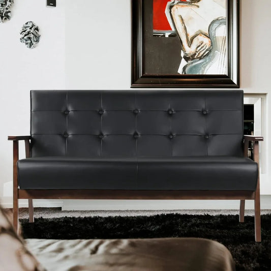 Leather Sofa Couch Set 2 Accent Chairs & 1Loveseat Black Faux Leather Loveseats Mid Century Modern Office Couch for Small Space