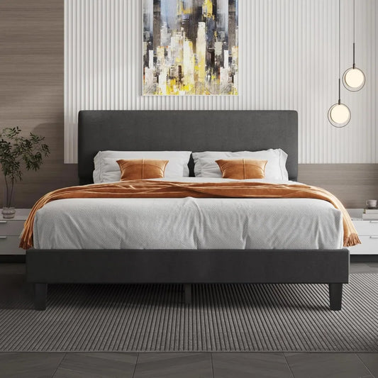 Lifezone Queen Bed Frame with Headboard,Linen Upholstered Bed Frame with Wood Slats Support,No Box Spring Needed,Heavy Duty Feet