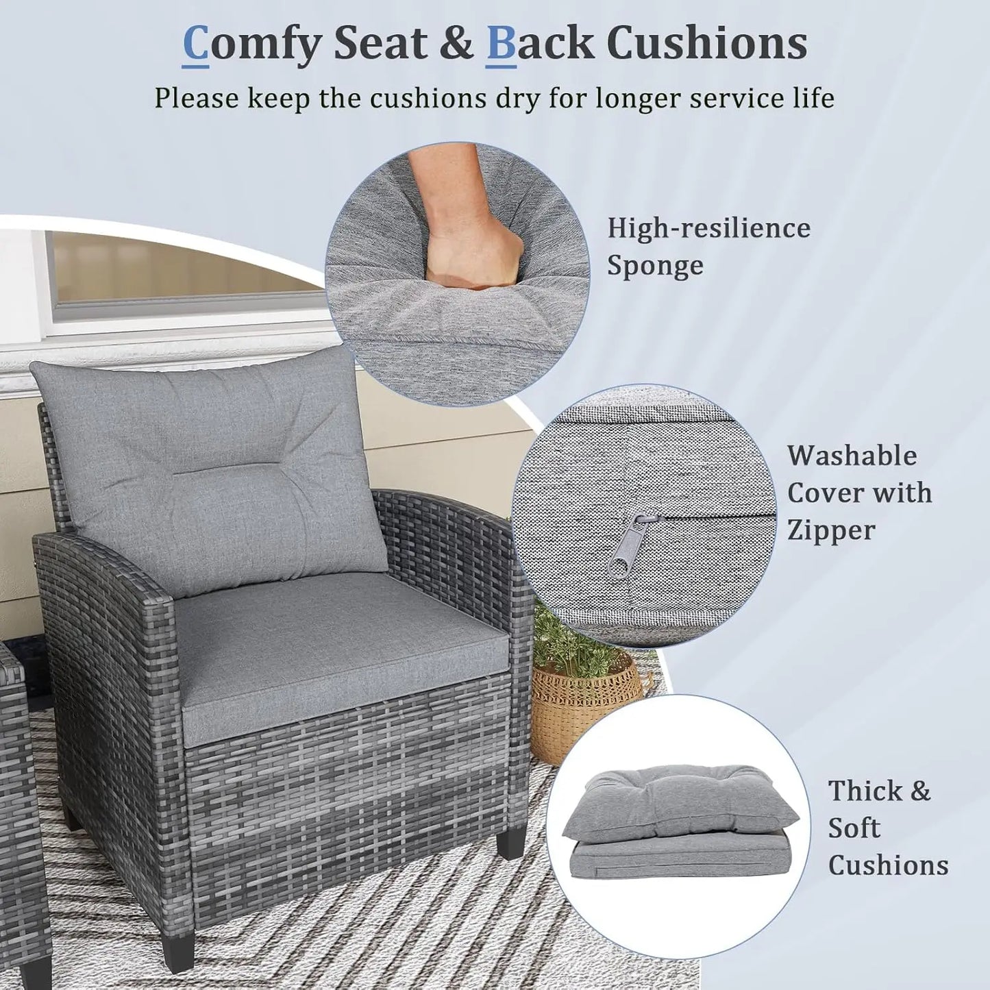 Modern 3 Piece Outdoor Patio Conversation Set with Cushioned Chairs and Coffee Table
