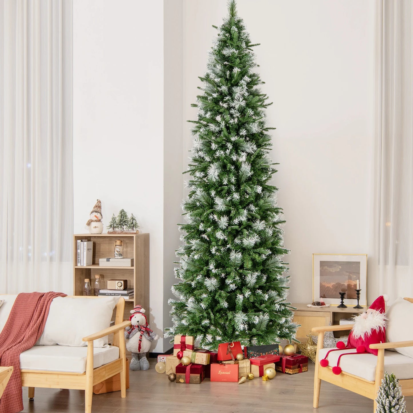 6FT–9FT Pre-Lit Pencil Artificial Christmas Tree Slim Hinged Holiday Tree with Warm LED Lights