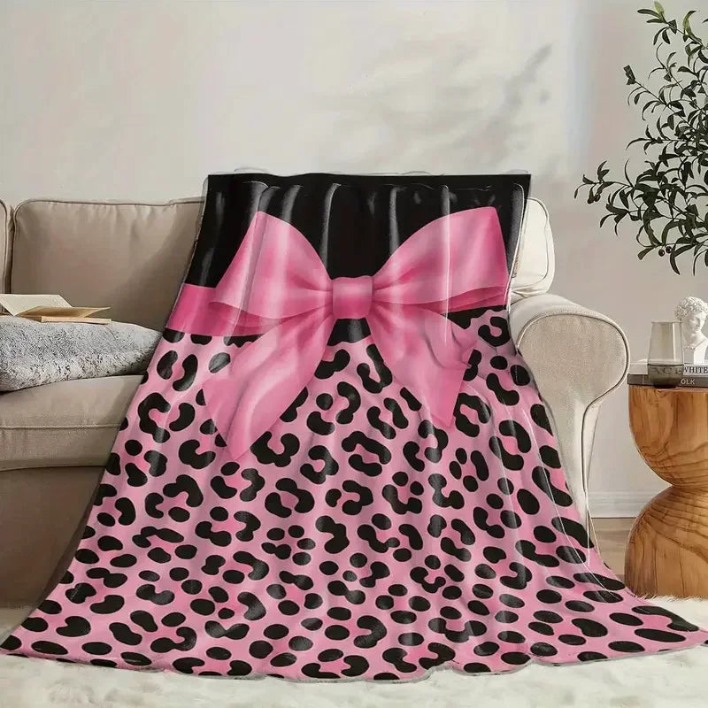 Pink Leopard Bow Flannel Throw Blanket .Ultra Soft Cozy Luxury Blanket