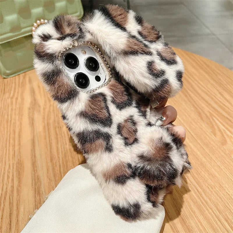 Cute Plush Bunny Leopard Print iPhone Case . Soft Furry Protective Cover, Cozy Cartoon Style