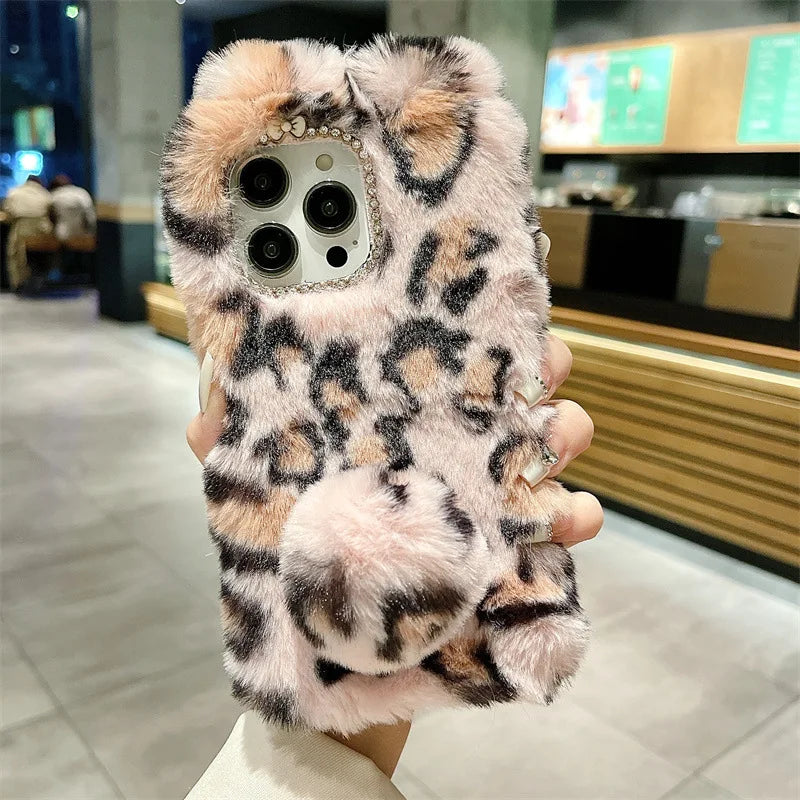 Cute Plush Bunny Leopard Print iPhone Case . Soft Furry Protective Cover, Cozy Cartoon Style