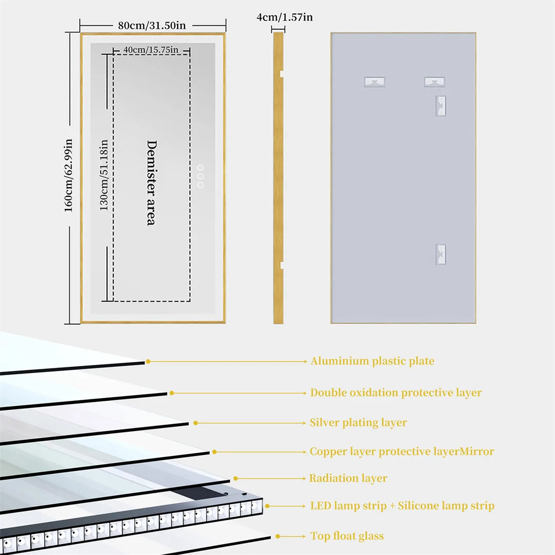 LUVODI Large Gold Framed Bathroom Mirror Fogless Smart Touch Illuminate Full Body Dressing Mirror