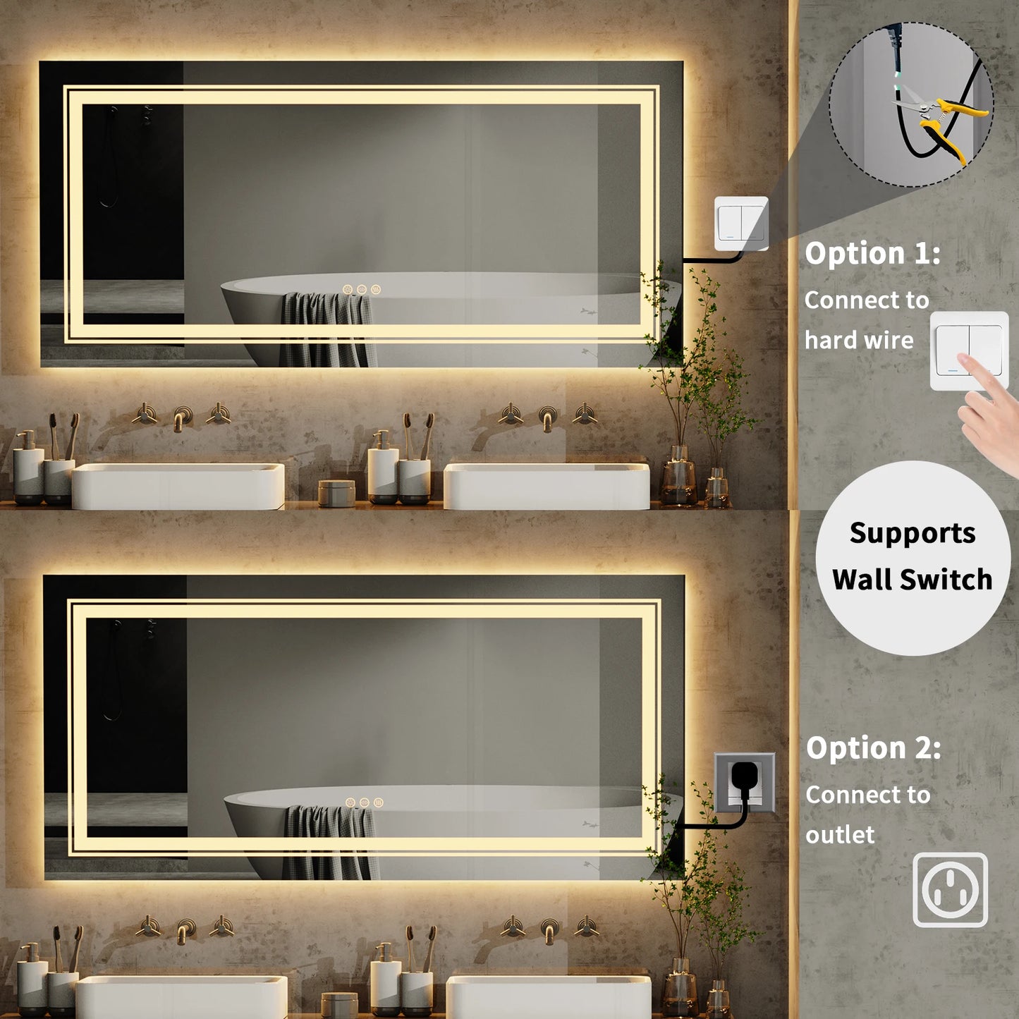 LED Backlit Front Lit Bathroom Mirror With Dimmable Lights