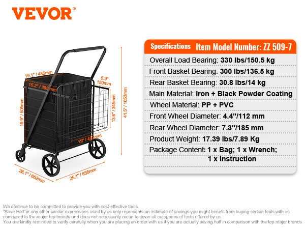 SucceBuy Folding Shopping Cart w/ Removable Waterproof Liner 106/330LBS Large Capacity 360° Swivel Wheels Dense Metal Mesh Base