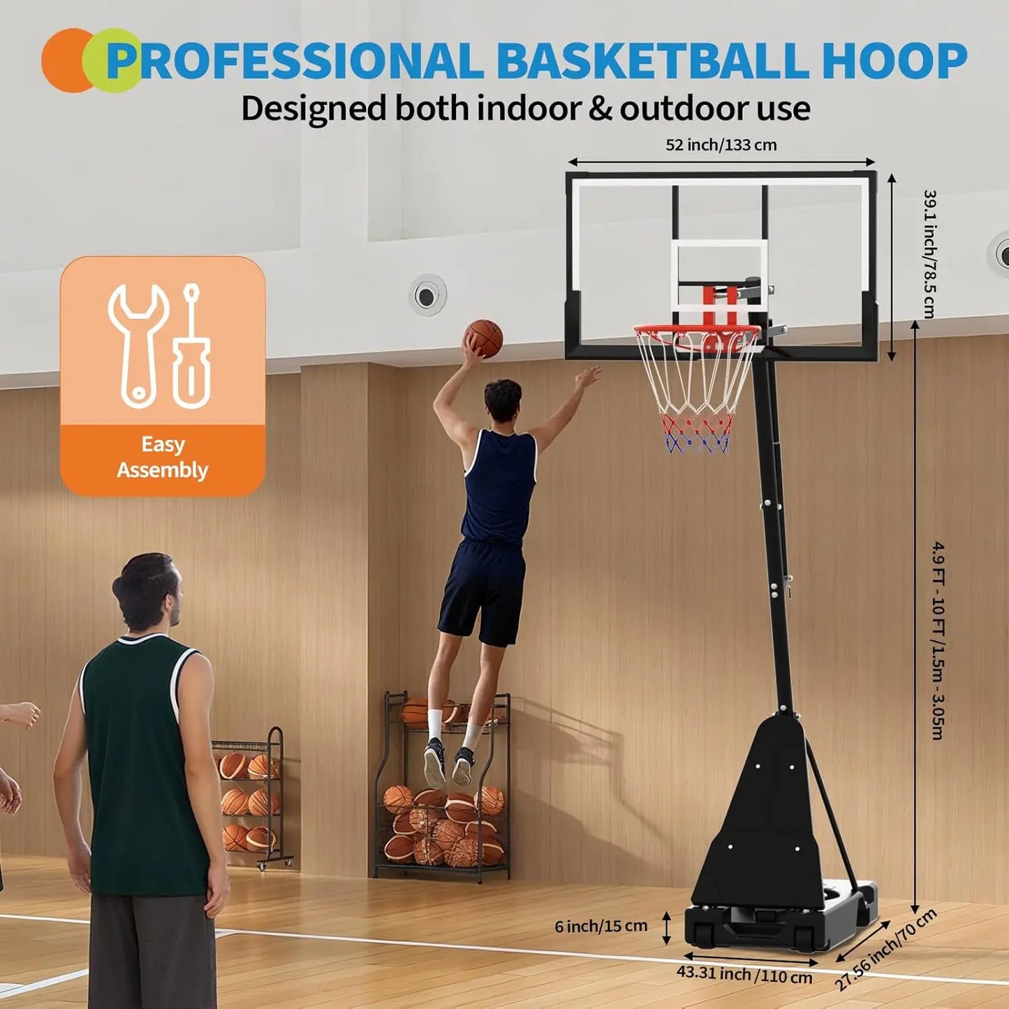 52" Shatterproof Adjustable Basketball Hoop with Wheels, for Driveway & Backyard