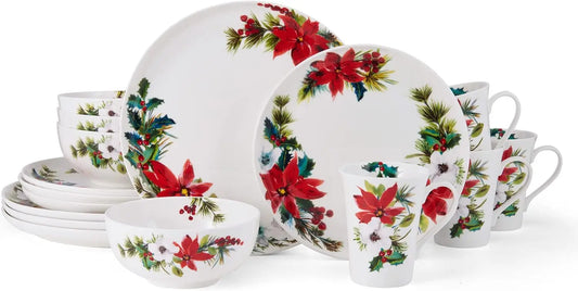 Hope Joy Holiday Poinsettia Bone China Lightweight Chip Resistant 16 Piece Dinnerware Set, Service for 4, Multicolor