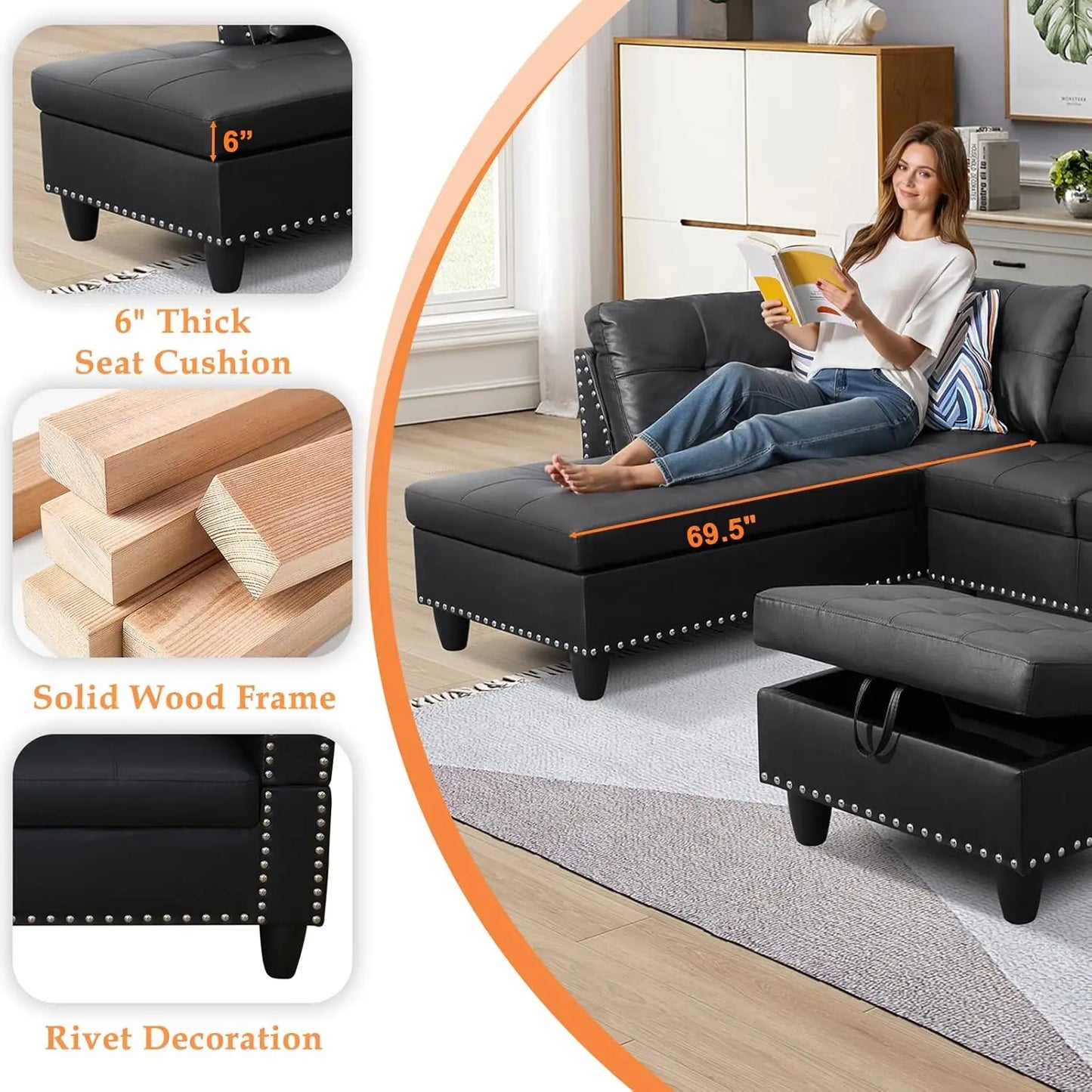 Sectional Sofa Couch Modern 4 Seater Chaise Lounge Ottoman