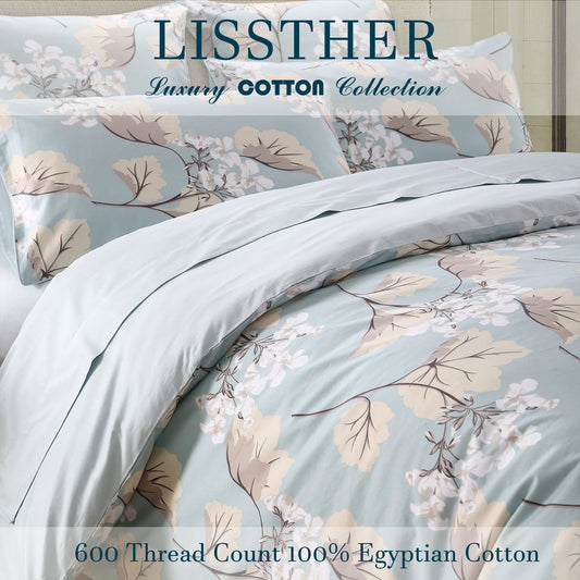 3pcs 600TC 100% Egyptian Cotton Duvet Cover Set, Blue Luxury Leaves Floral, Soft Skin-Friendly (No Inserts)
