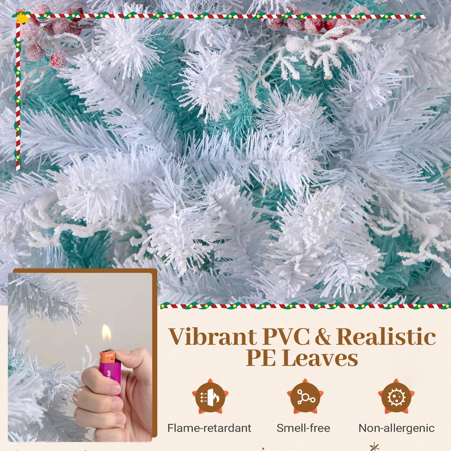6FT–7FT Pre-Lit Snow Flocked Artificial Christmas Tree . Premium Holiday Tree with Warm White Lights  Description: