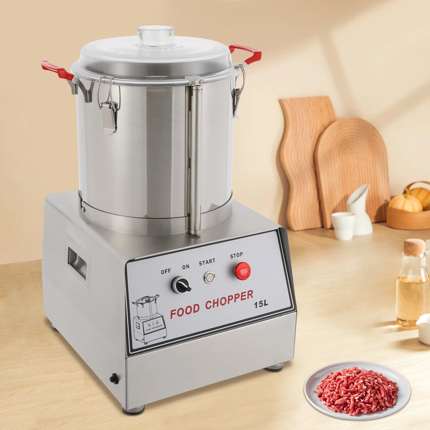 15L 201 Stainless Steel Silver Food Processor Chopping Machine 110V ,Tabletop 1400rpm for Restaurants, Cafeterias