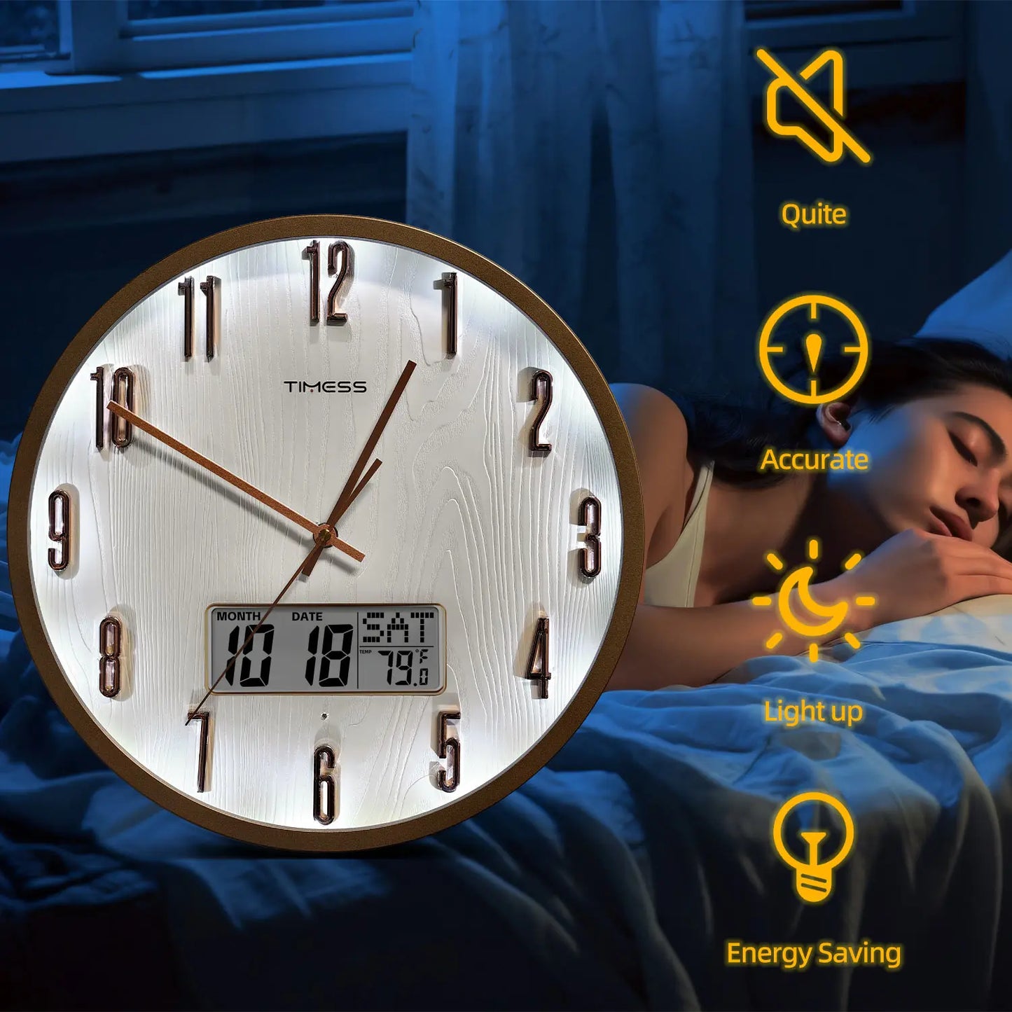 TIMESS Smart Luminous Wall Clock with Digital Display & Night Light