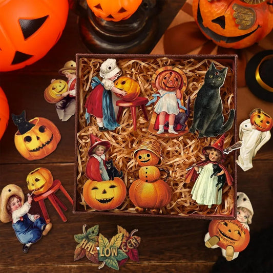 24 Pcs Halloween Wood Ornaments for Tree Vintage Halloween Decorations Hanging Sign Happy Pumpkin Witch Black Cat Skull Decorati