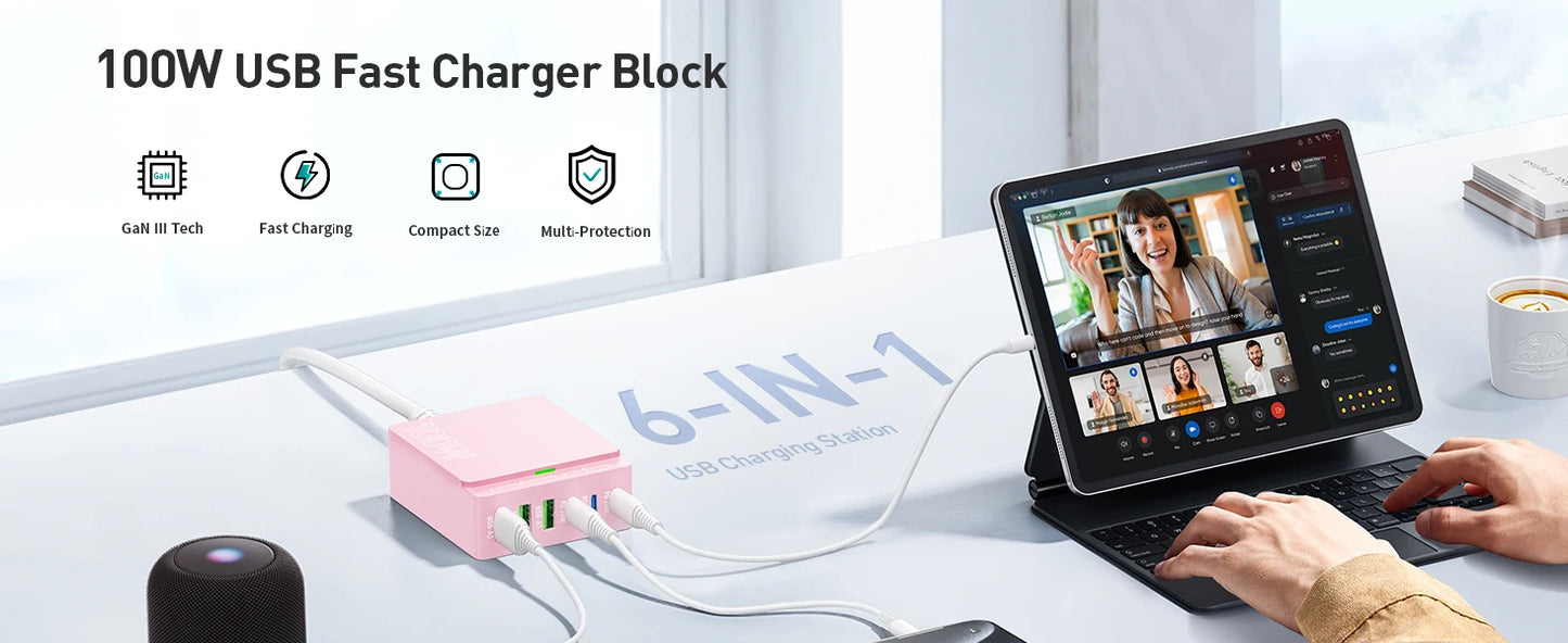 100W GaN 6-Port Fast Charging Station.USB-C & USB-A PD 3.0 Quick Charge Desktop Charger for iPhone, Samsung, iPad, MacBook & More