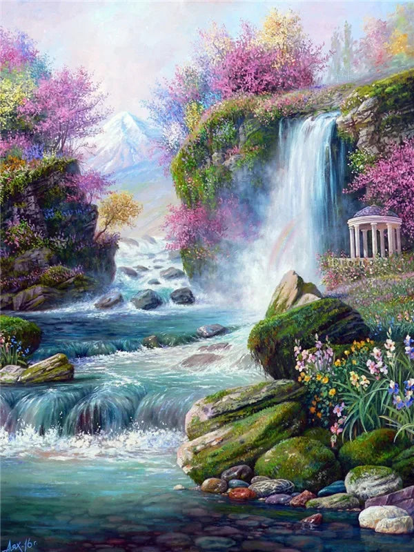 DIY Paint by Numbers Mountain Waterfall Landscape Canvas Kit. Adult & Kids Acrylic Painting Craft Home Wall Decor Gift