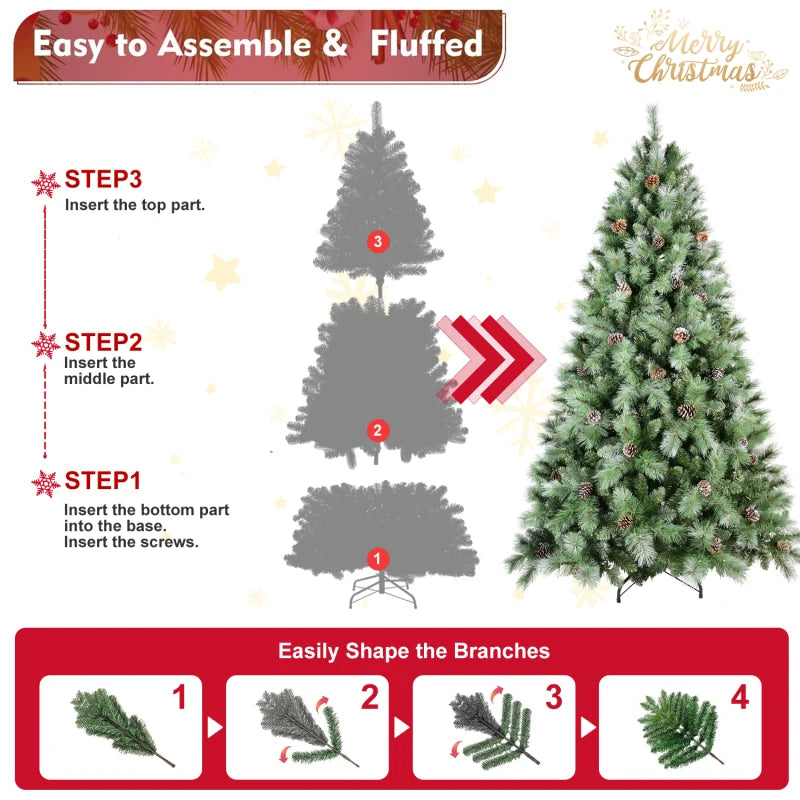 7FT Premium Artificial Christmas Tree with 82 Pine Cones, 1,348 Tips & Mixed PVC/Hard Needle Branches .Luxury Holiday Tree