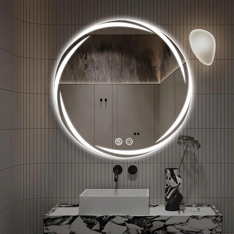 Circular LED Bathroom Mirror with Integrated Lighting | Anti-Fog Technology | Touch-Sensitive Dimmable | HD Makeup And Shaving Mirror | Wall-Mounted Vanity with Memory Function | US Standard Plug/Switch | 20" Diameter | Moder