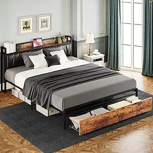 "california king platform bed frame with storage headboard and charging station, drawers included, no box spring required"
