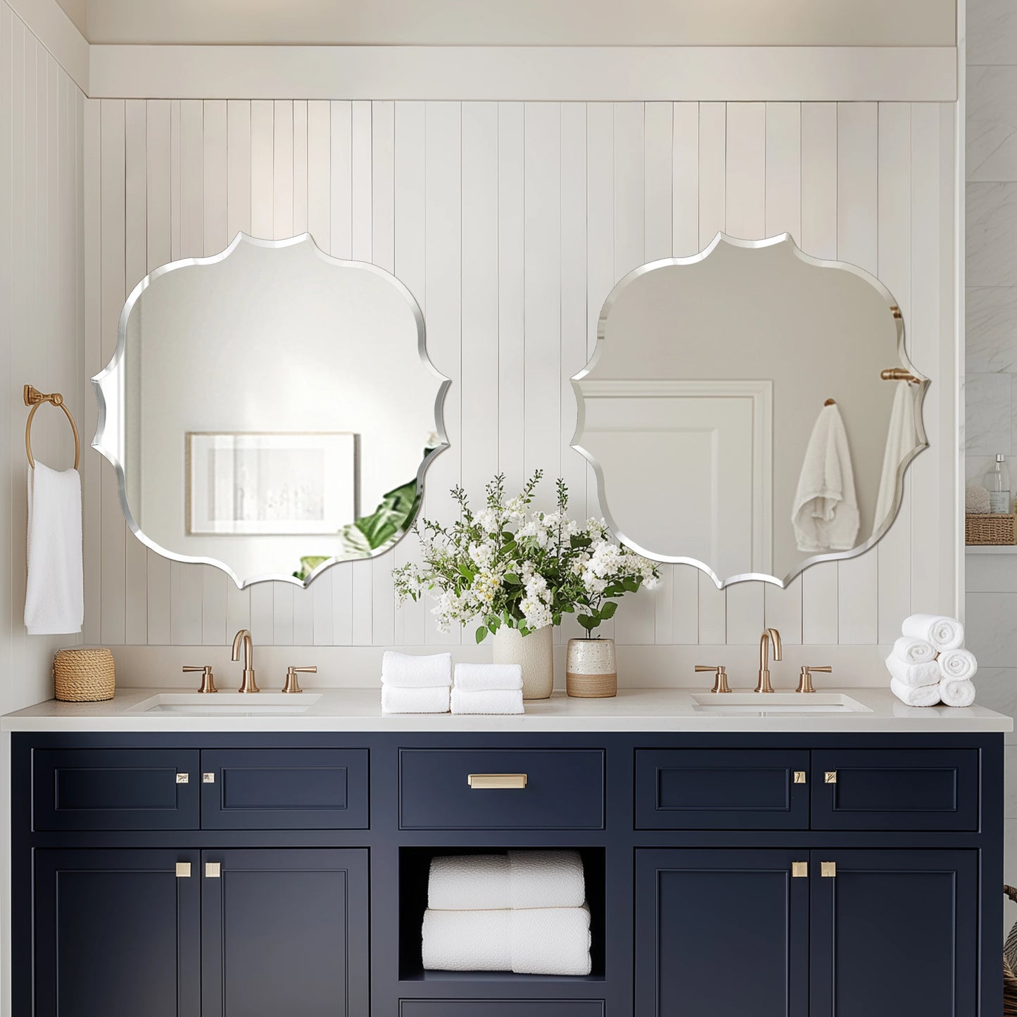 Wisfor Scalloped Edge Beveled Frameless Bathroom Wall Mirror for Living romm, Bedroom, Entrance