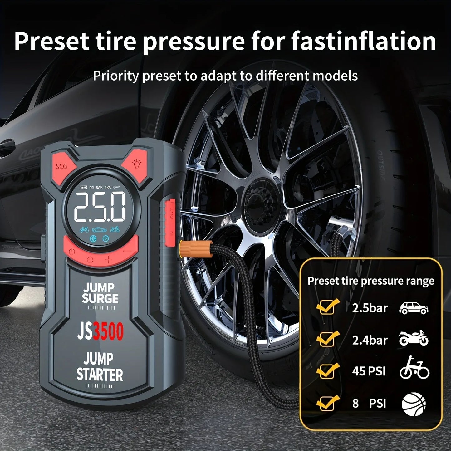 3000A Portable Car Jump Starter with Air Compressor  5-in-1 Battery Booster, Tire Inflator, LED Light & Power Bank