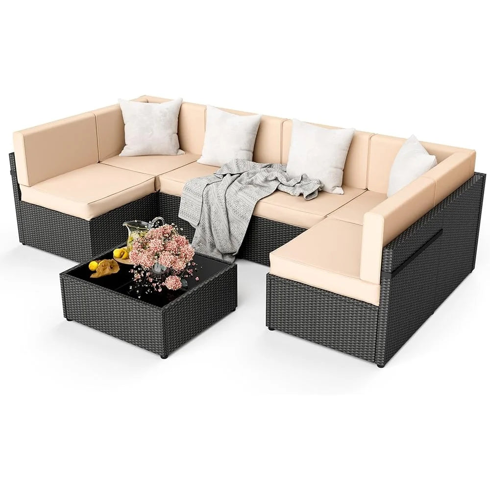 Outdoor Rattan Sectional Sofa Set 7PCS Patio Furniture Washable Cushions Tea Table Sun Loungers Garden Conversation