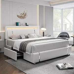"contemporary rgb led illuminated bed frame with storage drawers and upholstered leatherette platform bed"