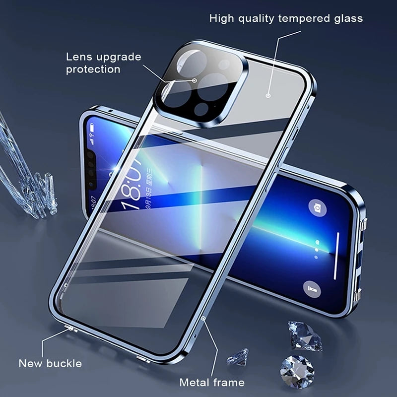 360 Full Protection Metal Magnetic Double Sided Glass Snap Lock Phone Case Shockproof Cover