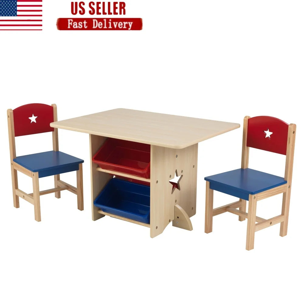 Wooden Star Table Chair Set with 4 Storage Bins Kids Playroom Craft Supplies Safe Design Ages 3 Years