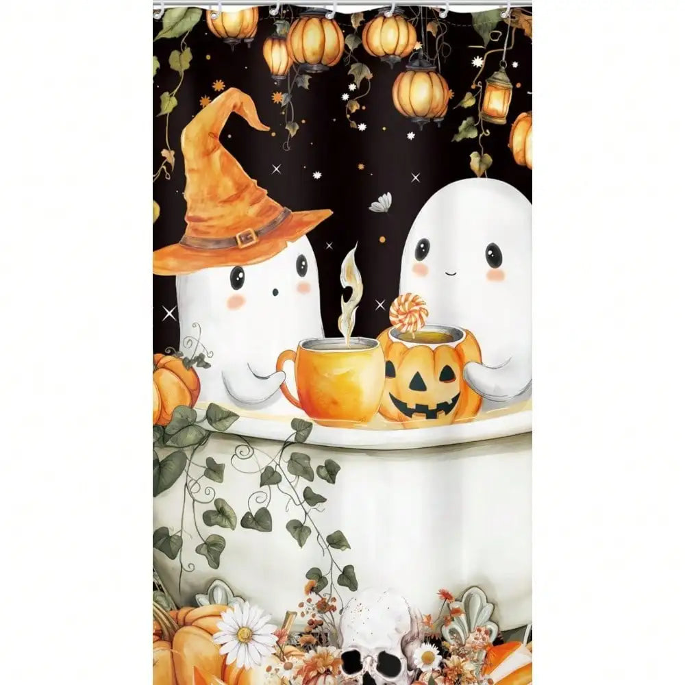 4-Piece Cute Ghost Halloween Shower Curtain Set. Waterproof Bathroom Décor with Bath Mat, Toilet Lid Cover & Rug