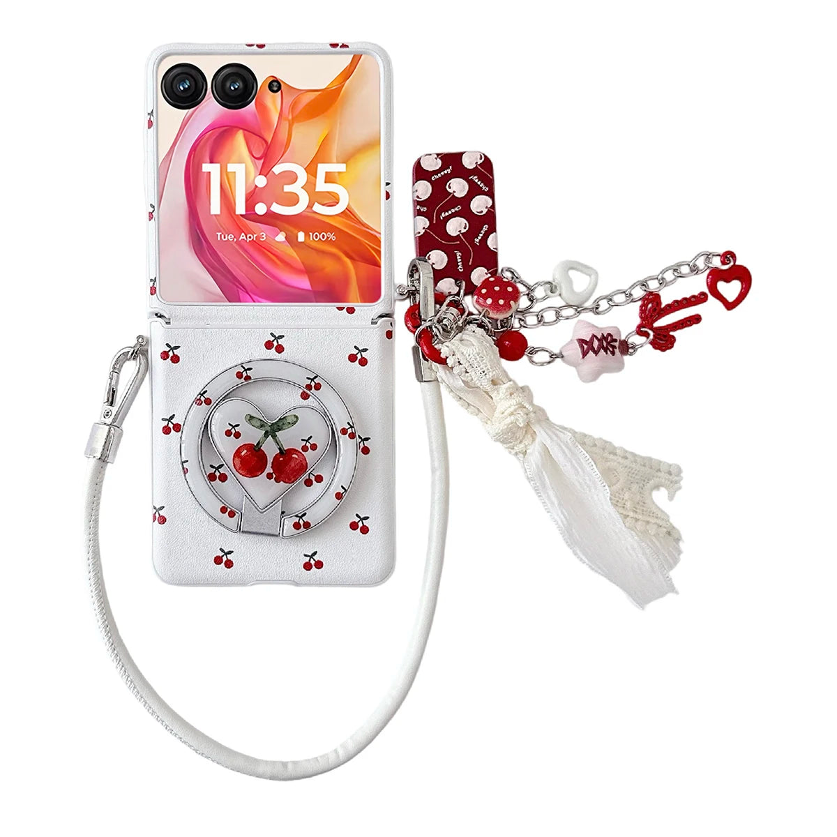 Cherry Print Magnetic Phone Case with Detachable Wrist Strap