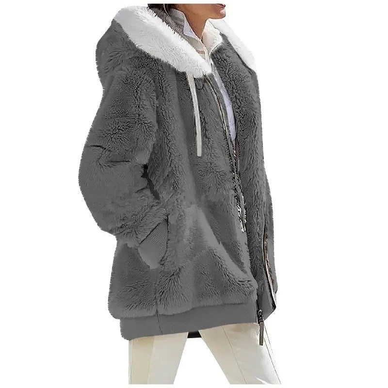 Women's Casual Hooded Winter Coat – Long Sleeve Fleece-Lined Zip-Up Jacket