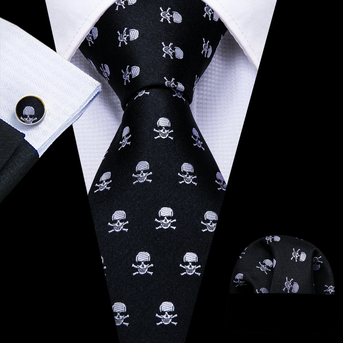 Men’s Luxury Dinosaur Necktie Set . Navy Blue Silk Tie, Pocket Square & Cufflinks for Business, Weddings & Special Events