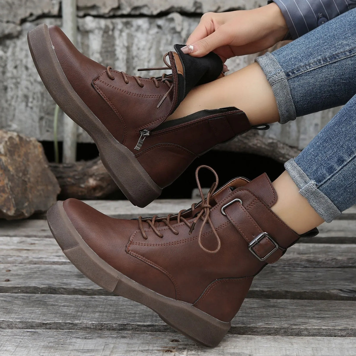 Women’s Lace-Up Ankle Boots | Buckle Detail Casual Boots