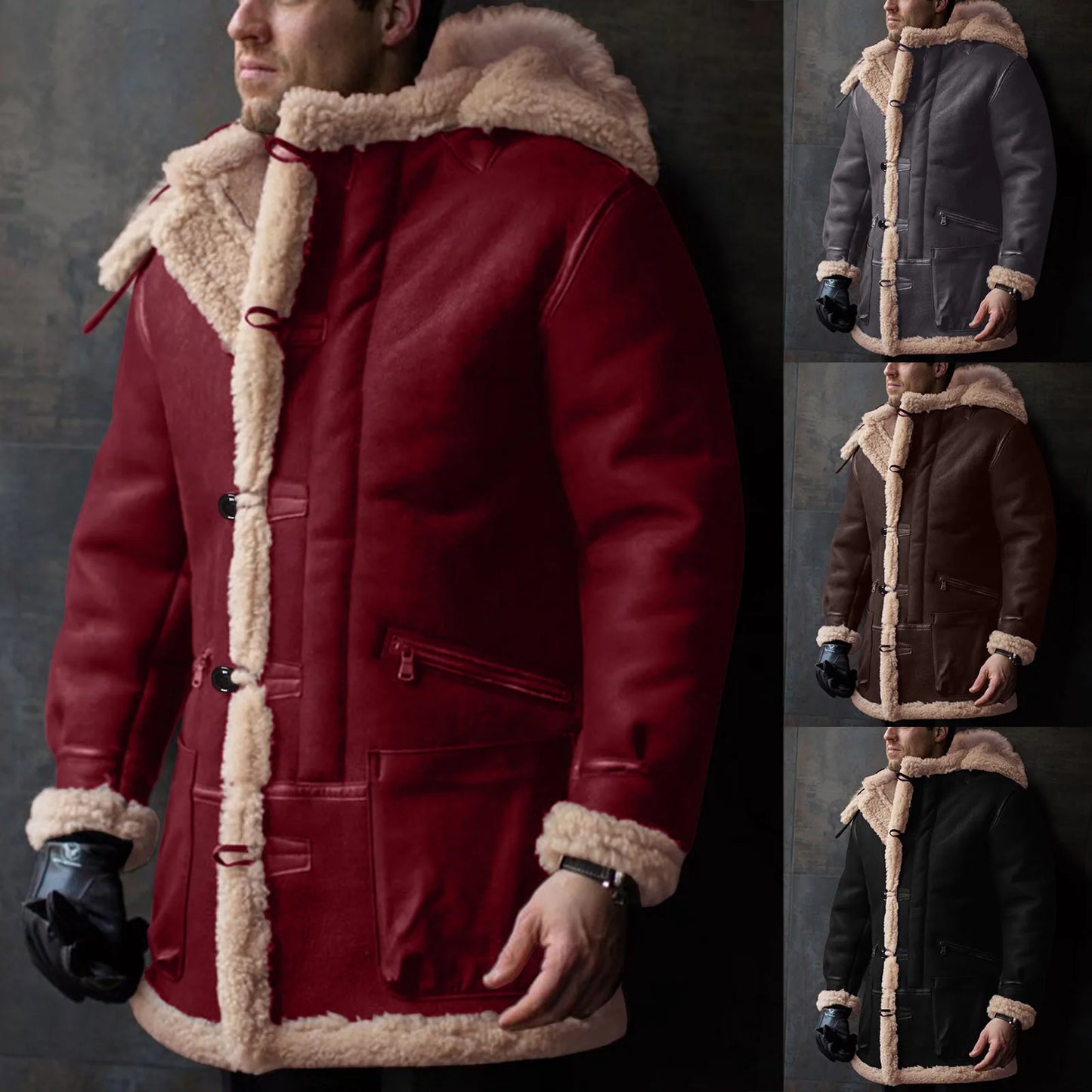 Men’s Hooded Winter Fleece Parka Jacket Thick Sherpa Lined Button Coat