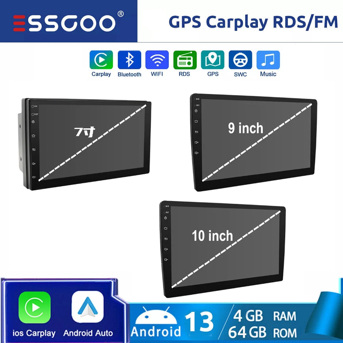 ESSGOO Android 14 Car Stereo . 7”/9”/10” Touchscreen with Wireless CarPlay, Android Auto, GPS Navigation & Bluetooth