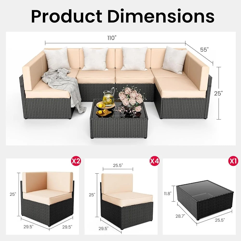 Outdoor Rattan Sectional Sofa Set 7PCS Patio Furniture Washable Cushions Tea Table Sun Loungers Garden Conversation