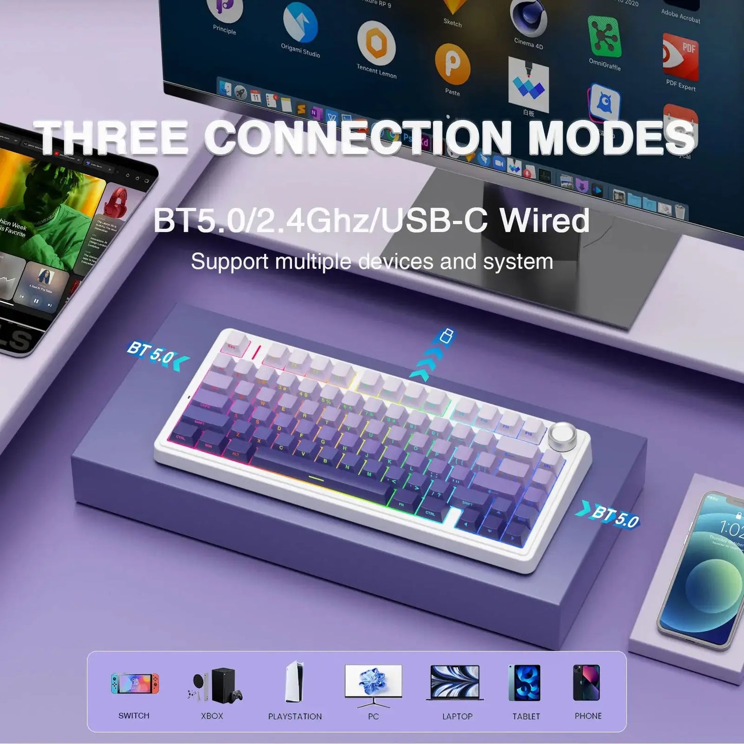AULA F75 Pro Wireless Mechanical Gaming Keyboard . RGB Hot-Swappable Tri-Mode Keyboard