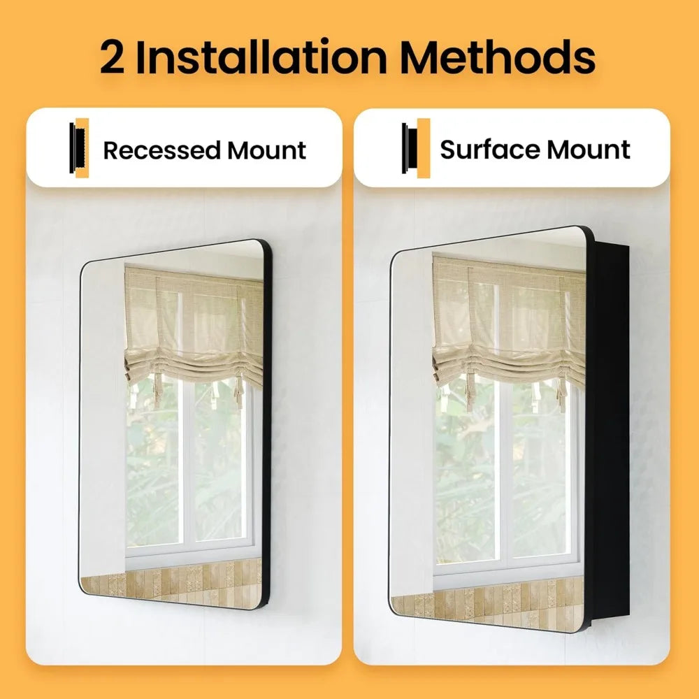 Black Medicine Cabinets for Bathroom with Mirror:20x26 Inch Small Mirrored Vanity Storage with Adjustable Shelves-Surface or Rec