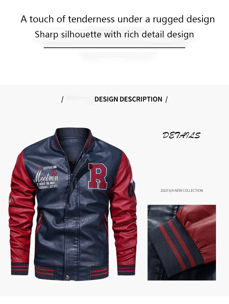 Spring and Autumn Men's Motorcycle Suit Leather jacket Color blocking American baseball collar pilot casual PU leather jacket