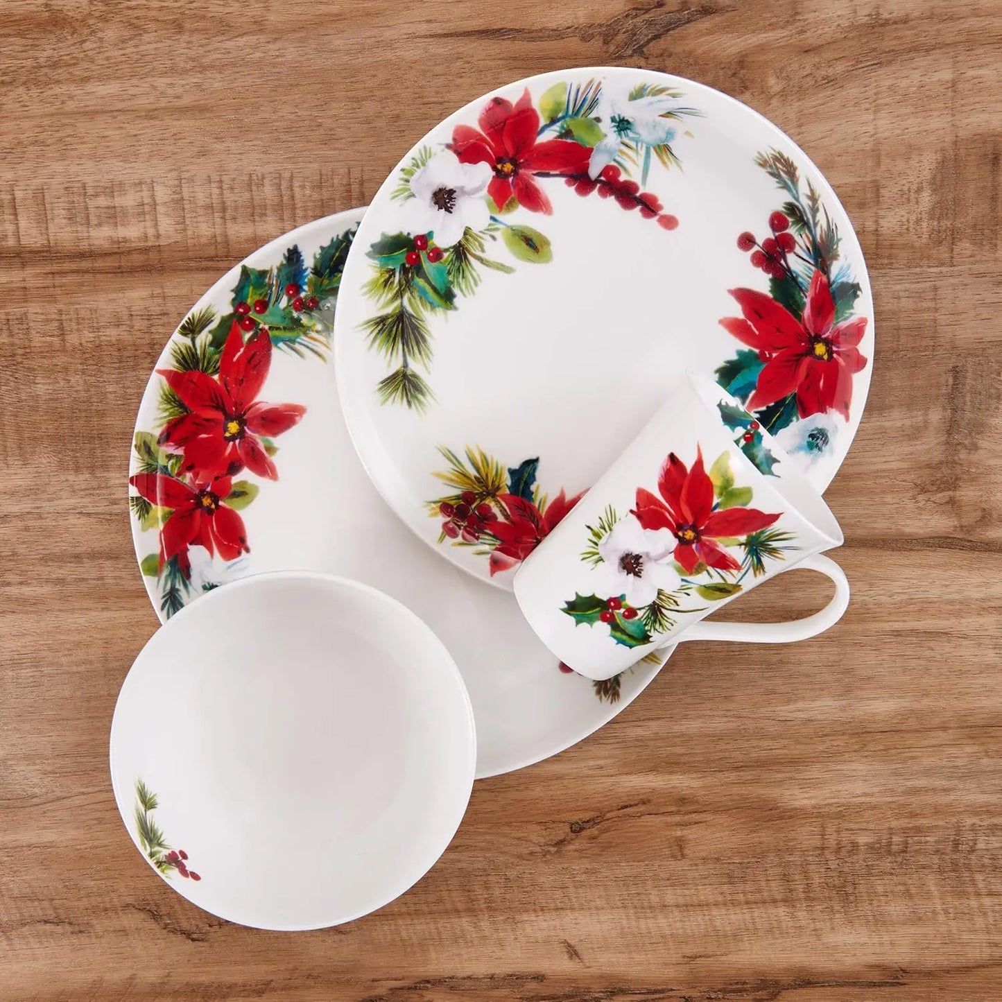 Hope Joy Holiday Poinsettia Bone China Lightweight Chip Resistant 16 Piece Dinnerware Set, Service for 4, Multicolor